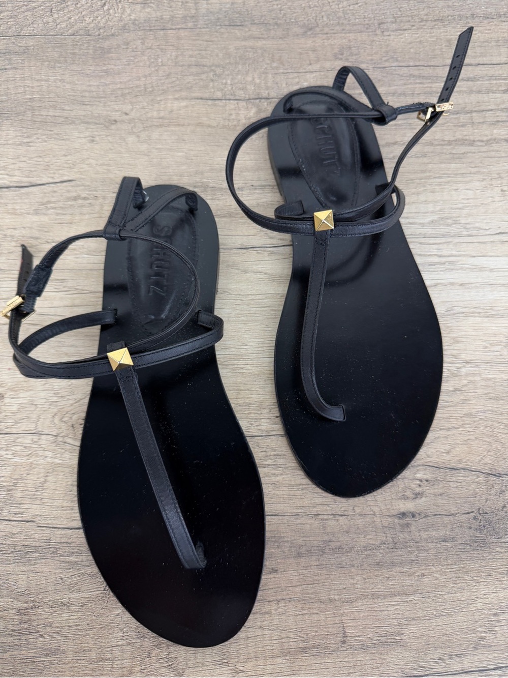 SCHUTZ Black T-Strap Sandals with Gold Stud NWOB